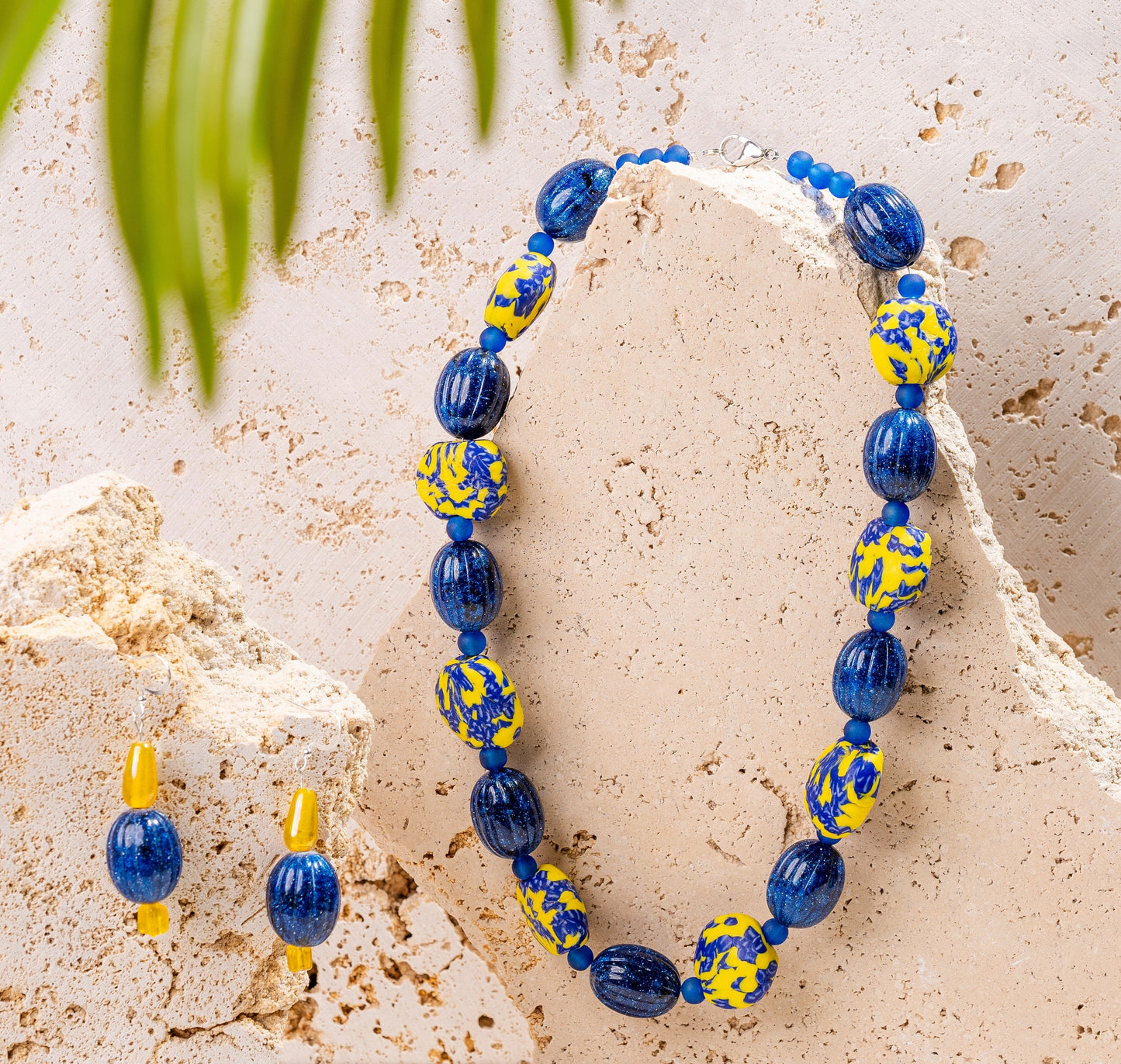 Blue & Yellow African Fused Recycled Glass Krobo Beaded Jewellery Set