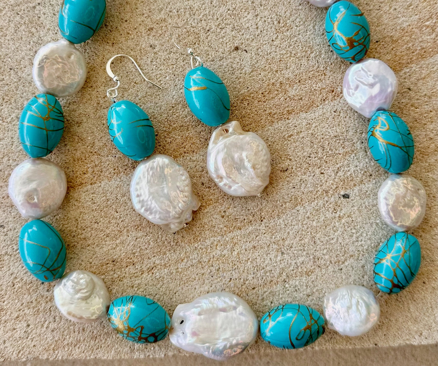 Blue Turquoise Gold Drizzle Oval Beaded Jewellery