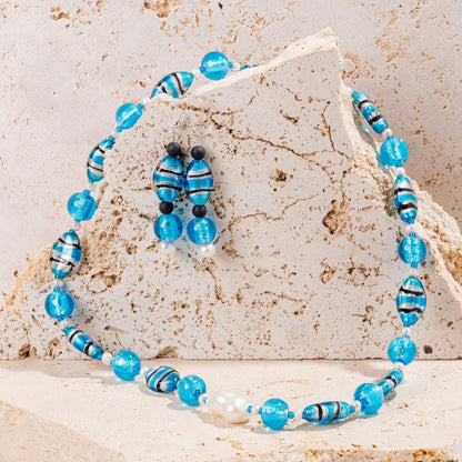 Blue Striped Foil Beaded Jewellery Set