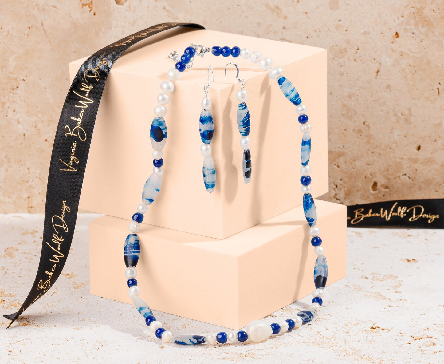 Blue Patterned Resin Beaded Jewellery Set