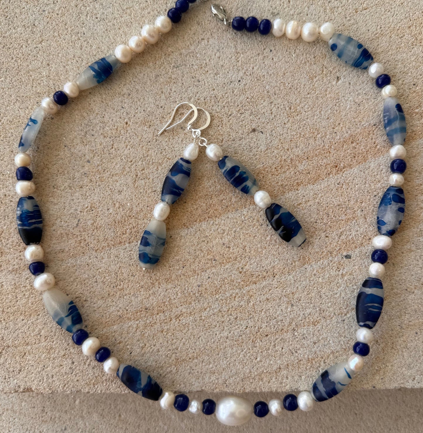 Blue Patterned Resin Beaded Jewellery Set