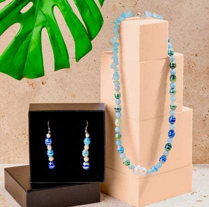 Blue Striped Glass Beaded Jewellery Set