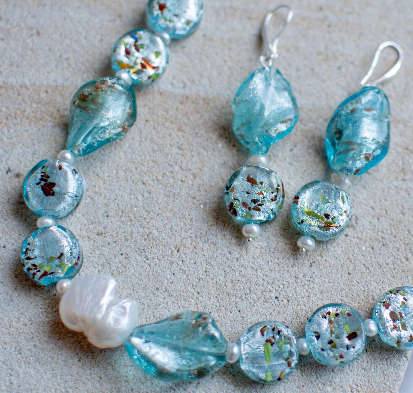 Turquoise Glass Foil Twist Beads and Pearls Jewellery