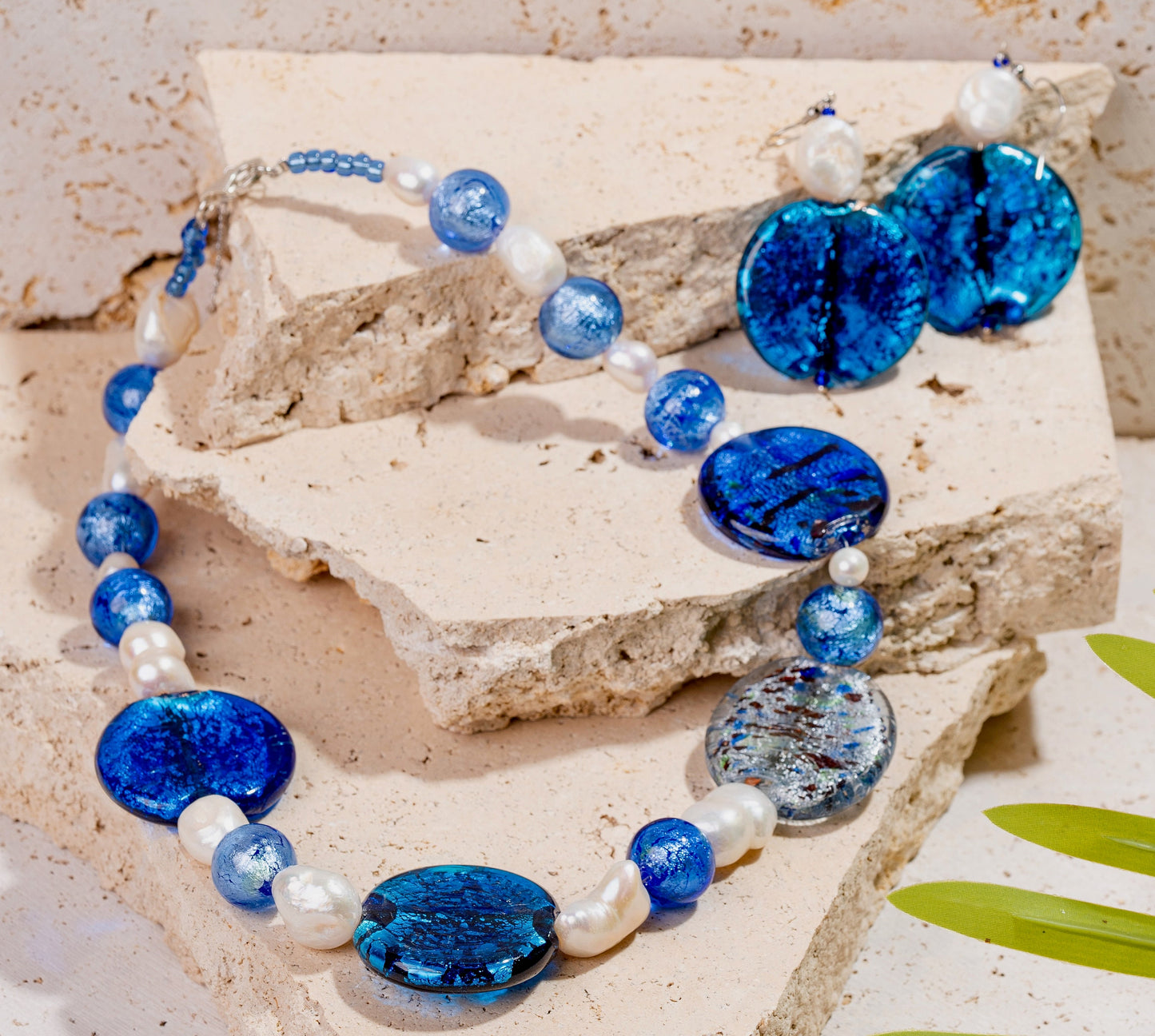 Large Blue Glass Foil Beaded Jewellery