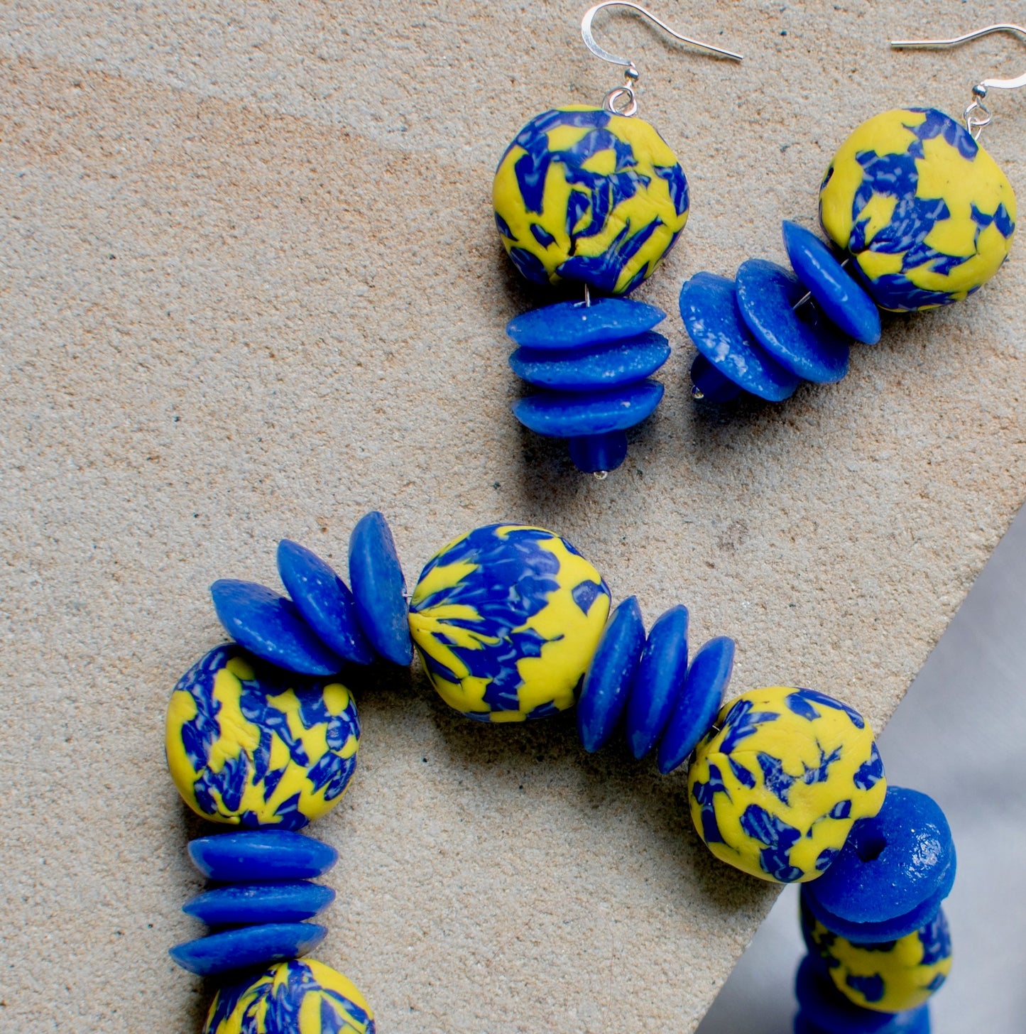 Blue and Yellow African Fused Recycled Glass Jewellery