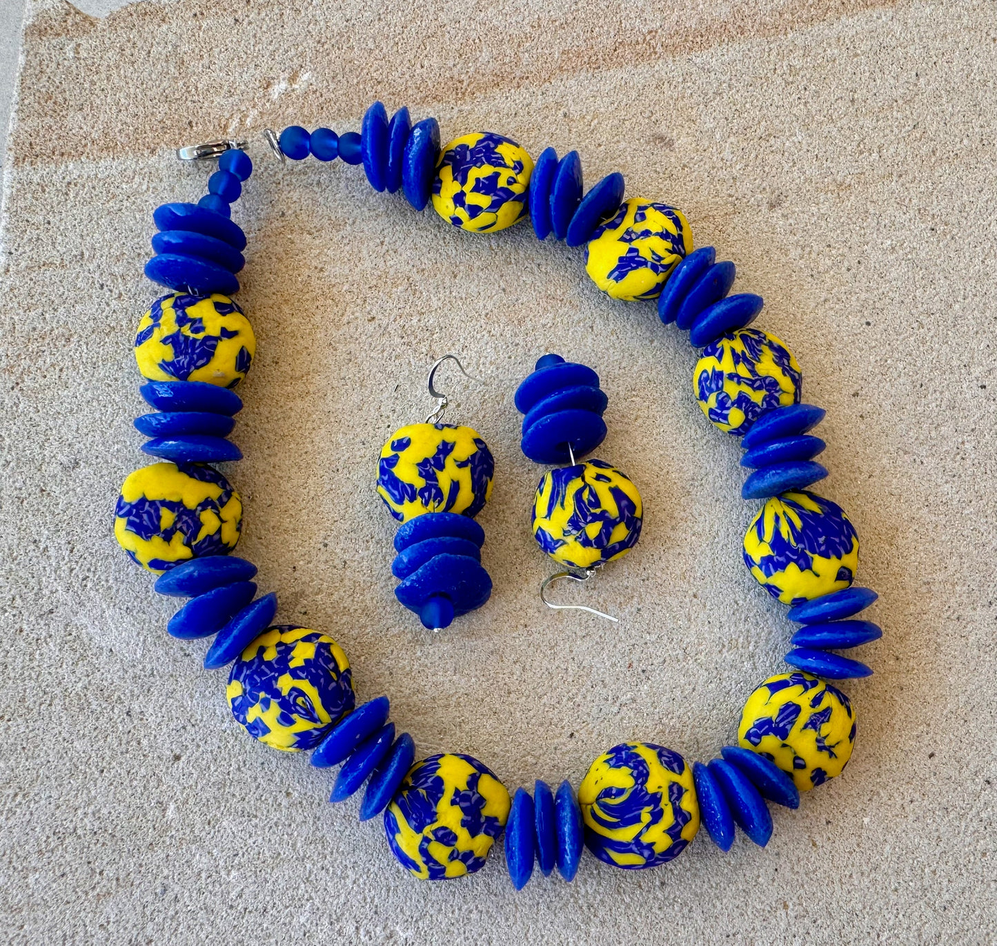 Blue and Yellow African Fused Recycled Glass Jewellery