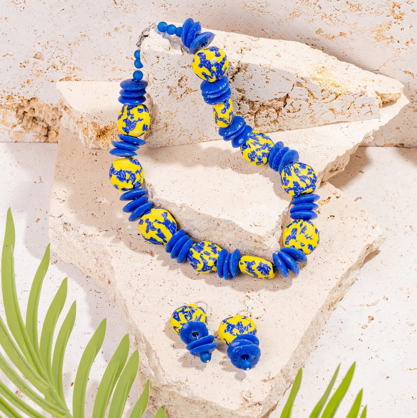 Blue and Yellow African Fused Recycled Glass Jewellery