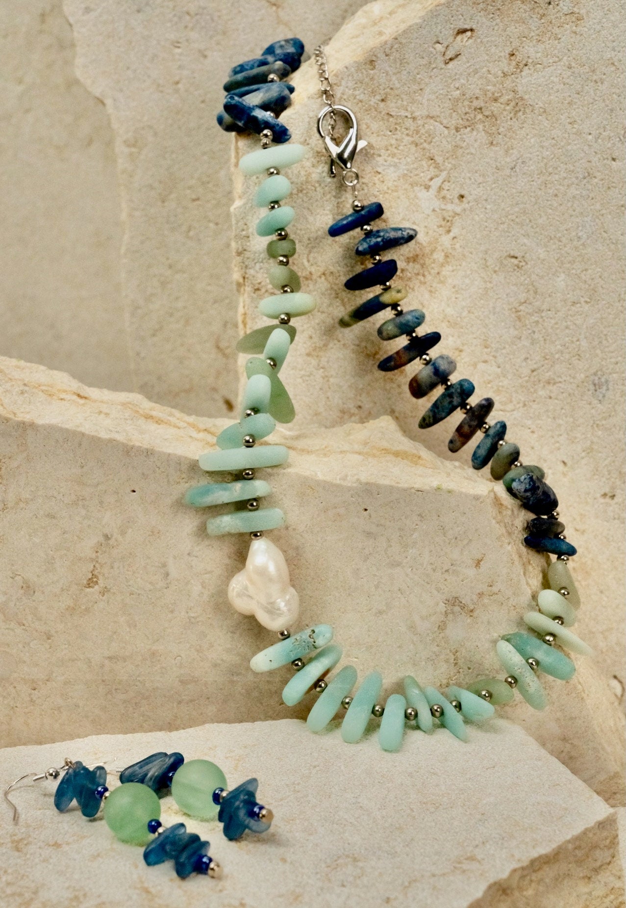 Stone Tooth Beaded Necklace and Earring Set