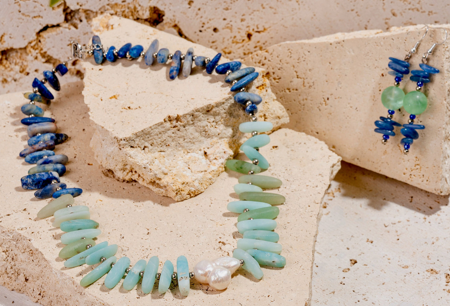 Stone Tooth Beaded Necklace and Earring Set