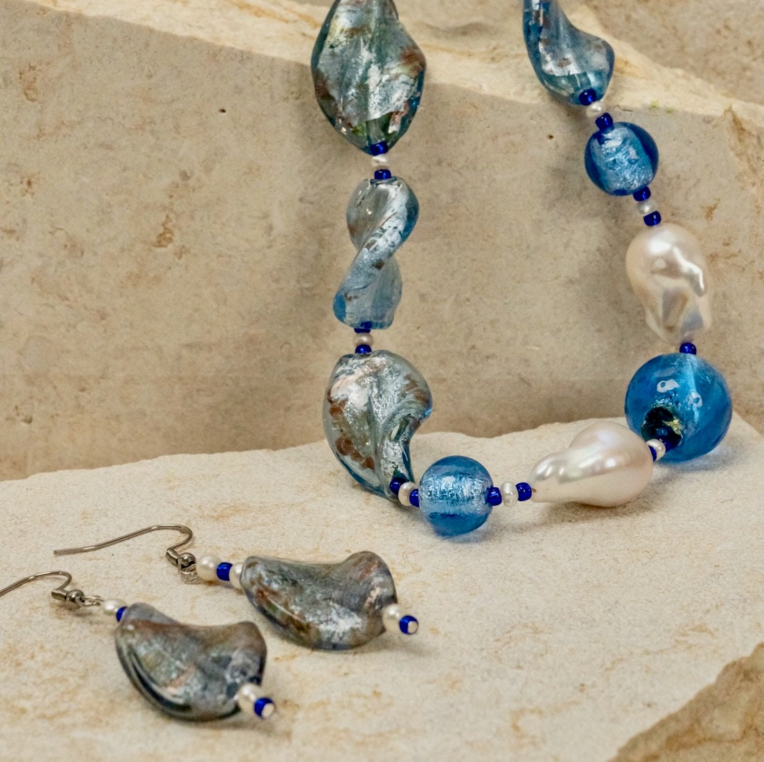 Blue Glass Foil Twist Beads with Murano Glass Jewellery