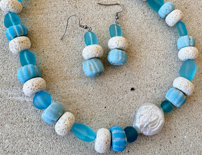 White Natural Lava Volcanic Rock Beaded Jewellery Set