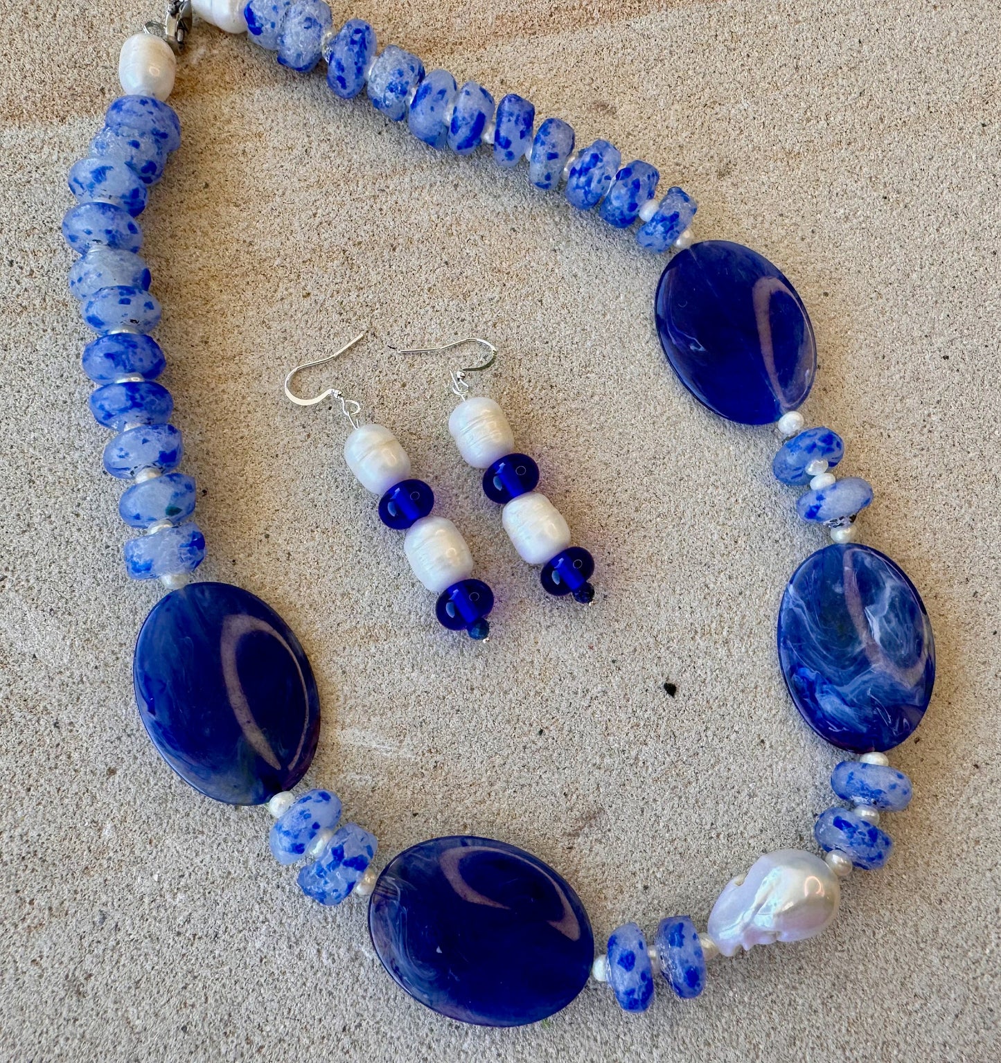 African Glass Krobo Blue Speckled Beads, Glass, Resin Beads & Pearls Jewellery Set