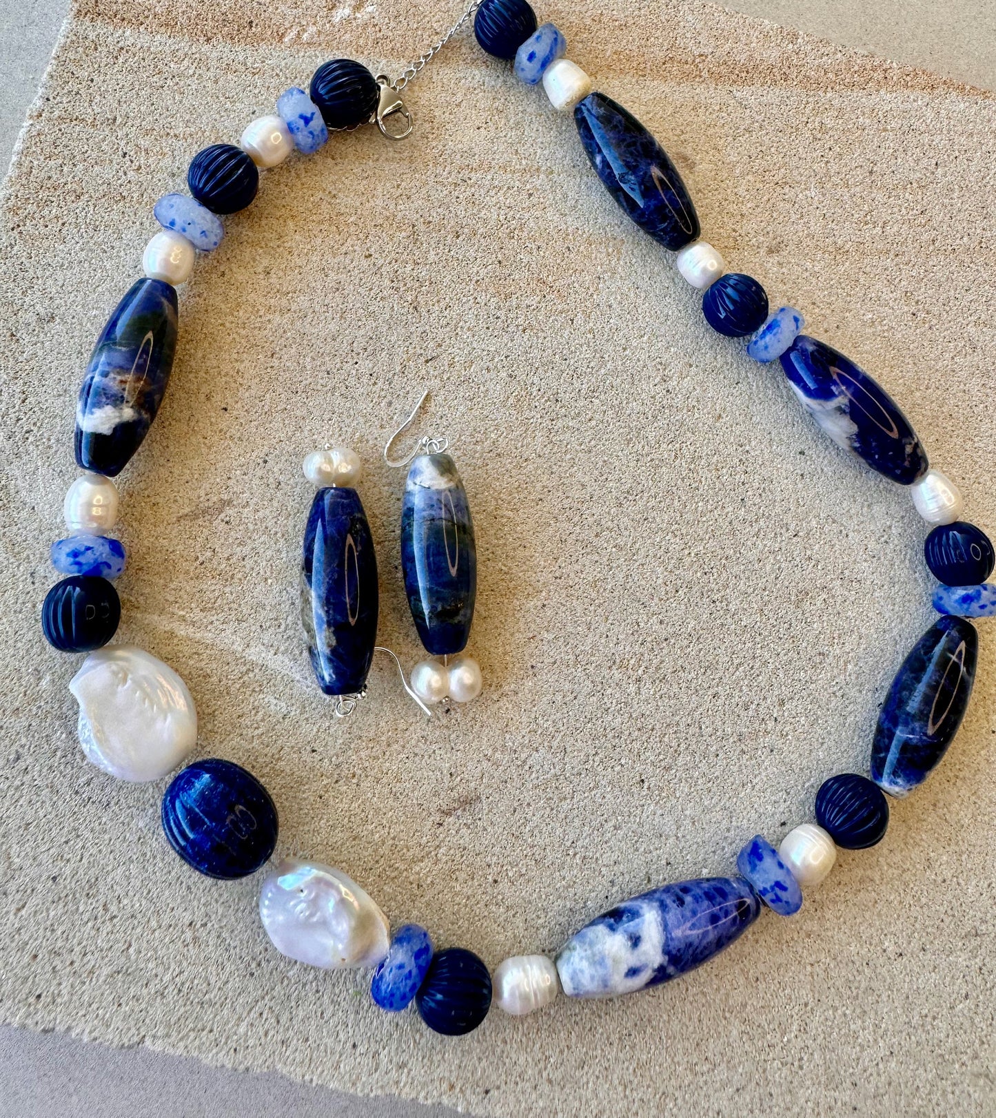 Recycled Glass Krobo Beads Navy Fluted Round Acrylic Agate Glass Jewellery