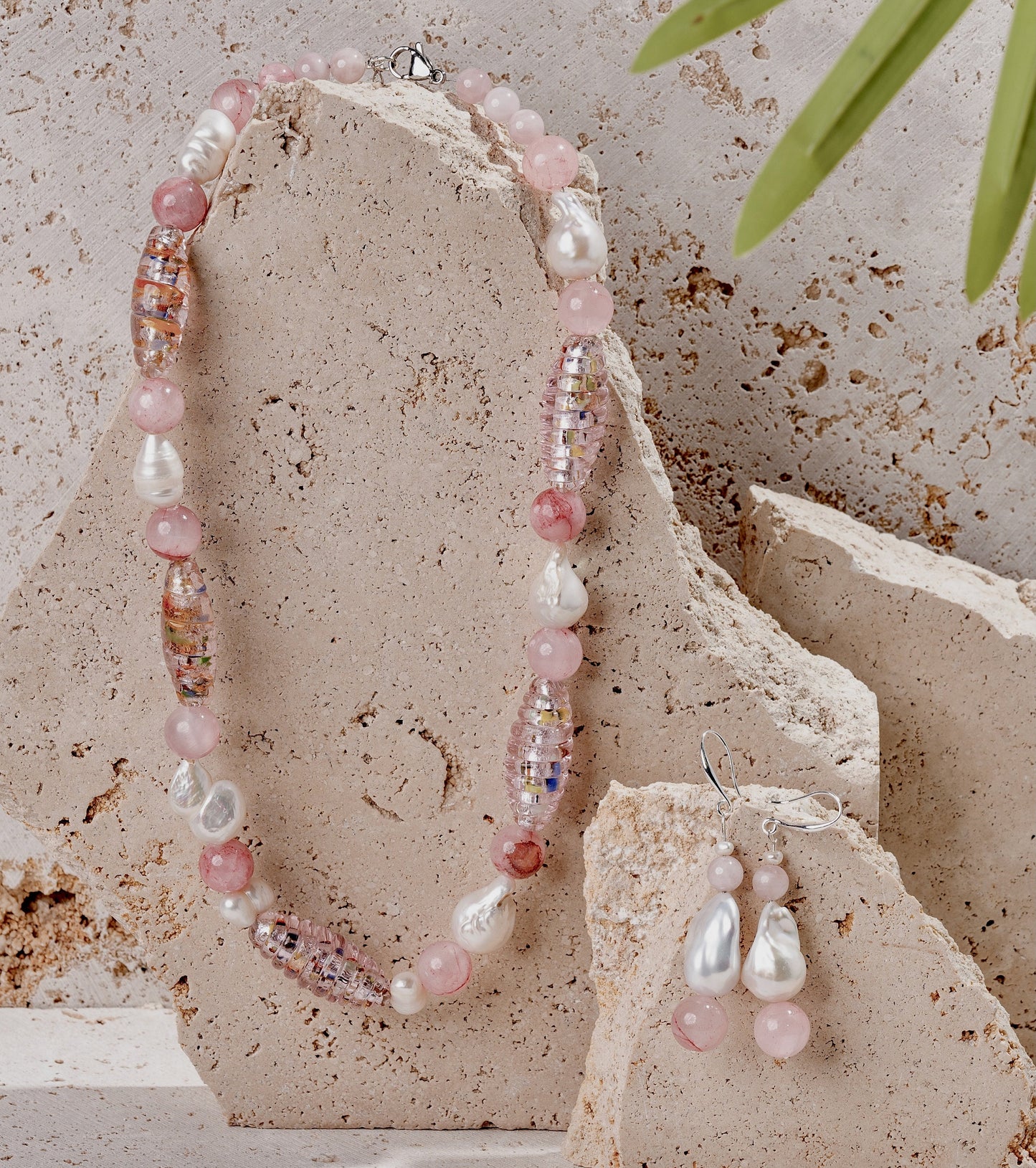 Large Pink  Speckled Glass Foil Beaded Jewellery Set