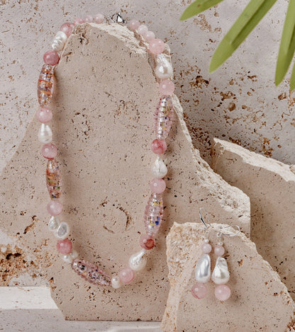 Large Pink  Speckled Glass Foil Beaded Jewellery Set