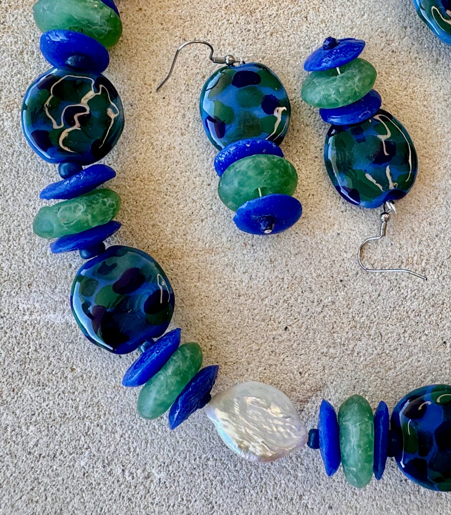 Spotted Blue and Green Ceramic Beaded Jewellery Set