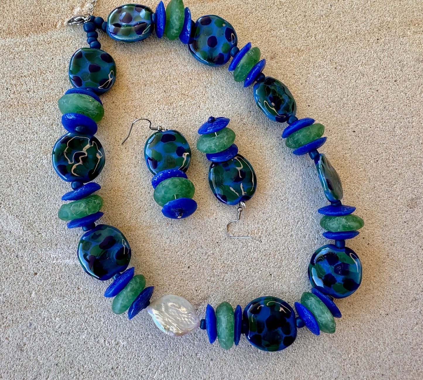 Spotted Blue and Green Ceramic Beaded Jewellery Set