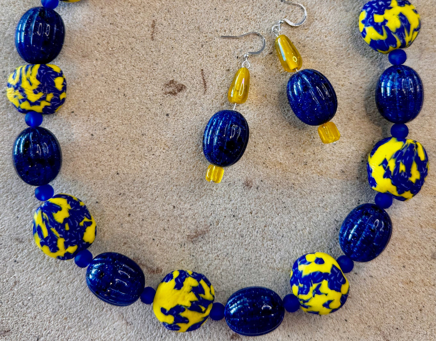 Blue & Yellow African Fused Recycled Glass Krobo Beaded Jewellery Set