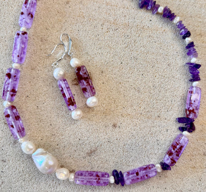 Vintage Purple Rust White Confetti Rectangle Lucite Beaded Jewellery