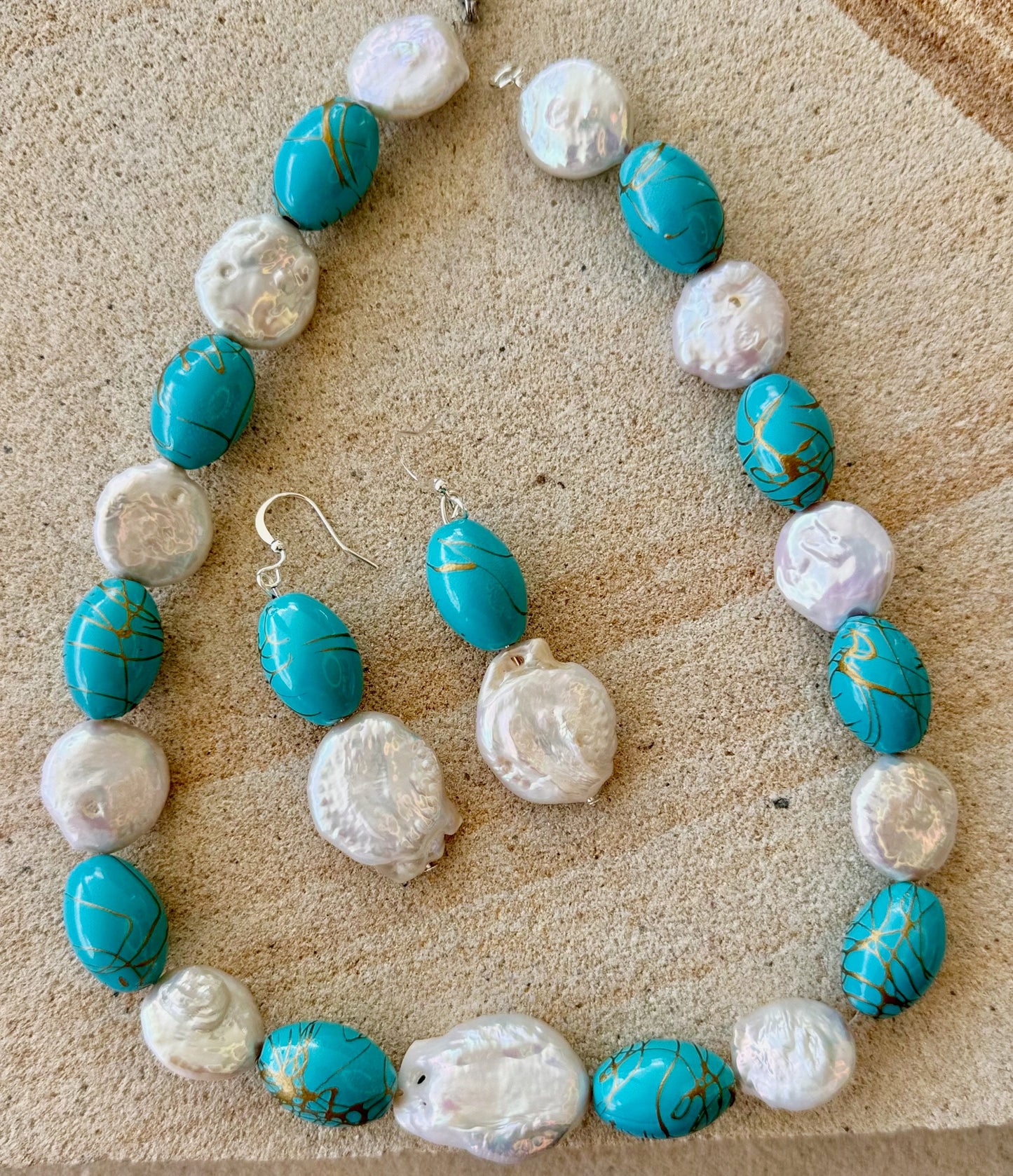 Blue Turquoise Gold Drizzle Oval Beaded Jewellery