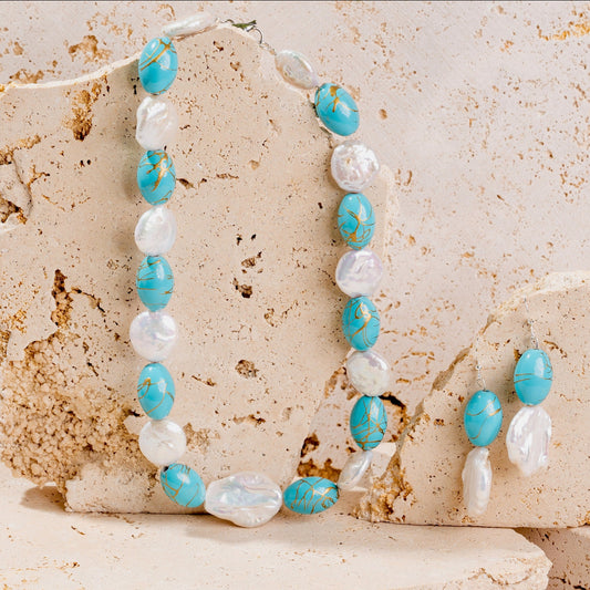 Blue Turquoise Gold Drizzle Oval Beaded Jewellery