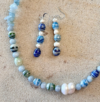 Blue Striped Glass Beaded Jewellery Set
