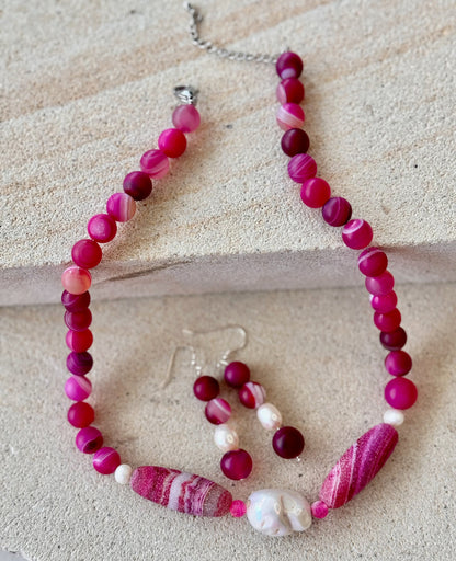 Pink Botswana Agate Beaded Jewellery Set