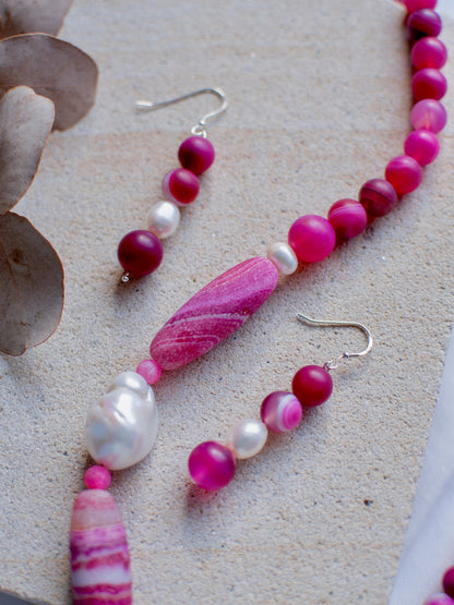 Pink Botswana Agate Beaded Jewellery Set